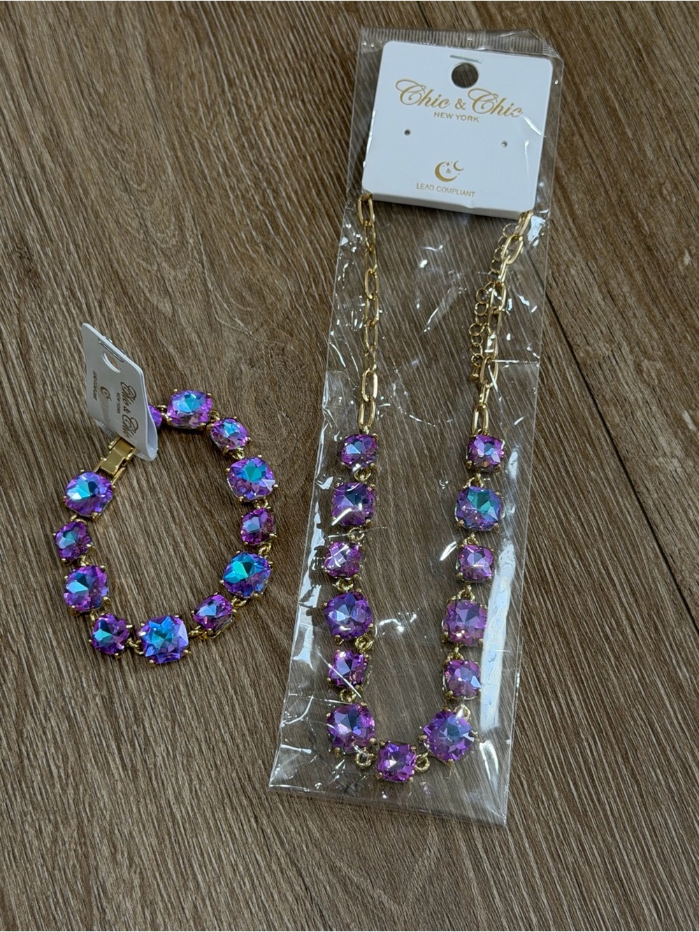 NWT Chic & Chic Purple AB Cushion Square Stone Crystal Necklace and Bracelet Set - Picture 2 of 8